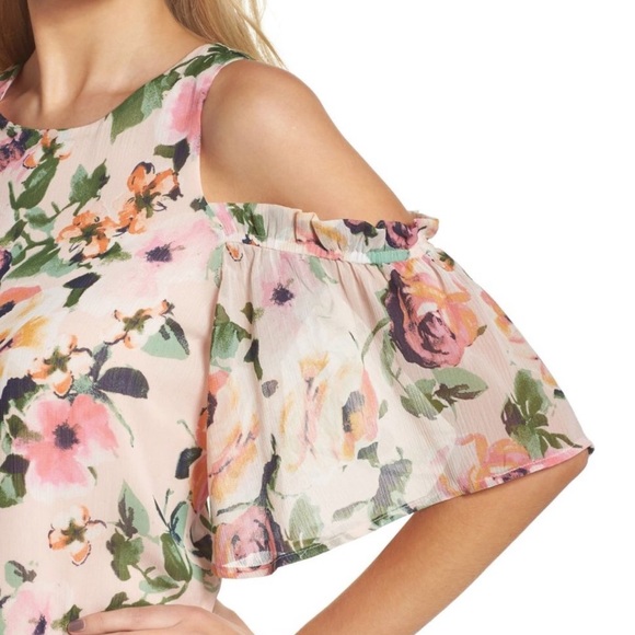 CHARLES HENRY PINK FLORAL COLD SHOULDER DRESS - Picture 4 of 5